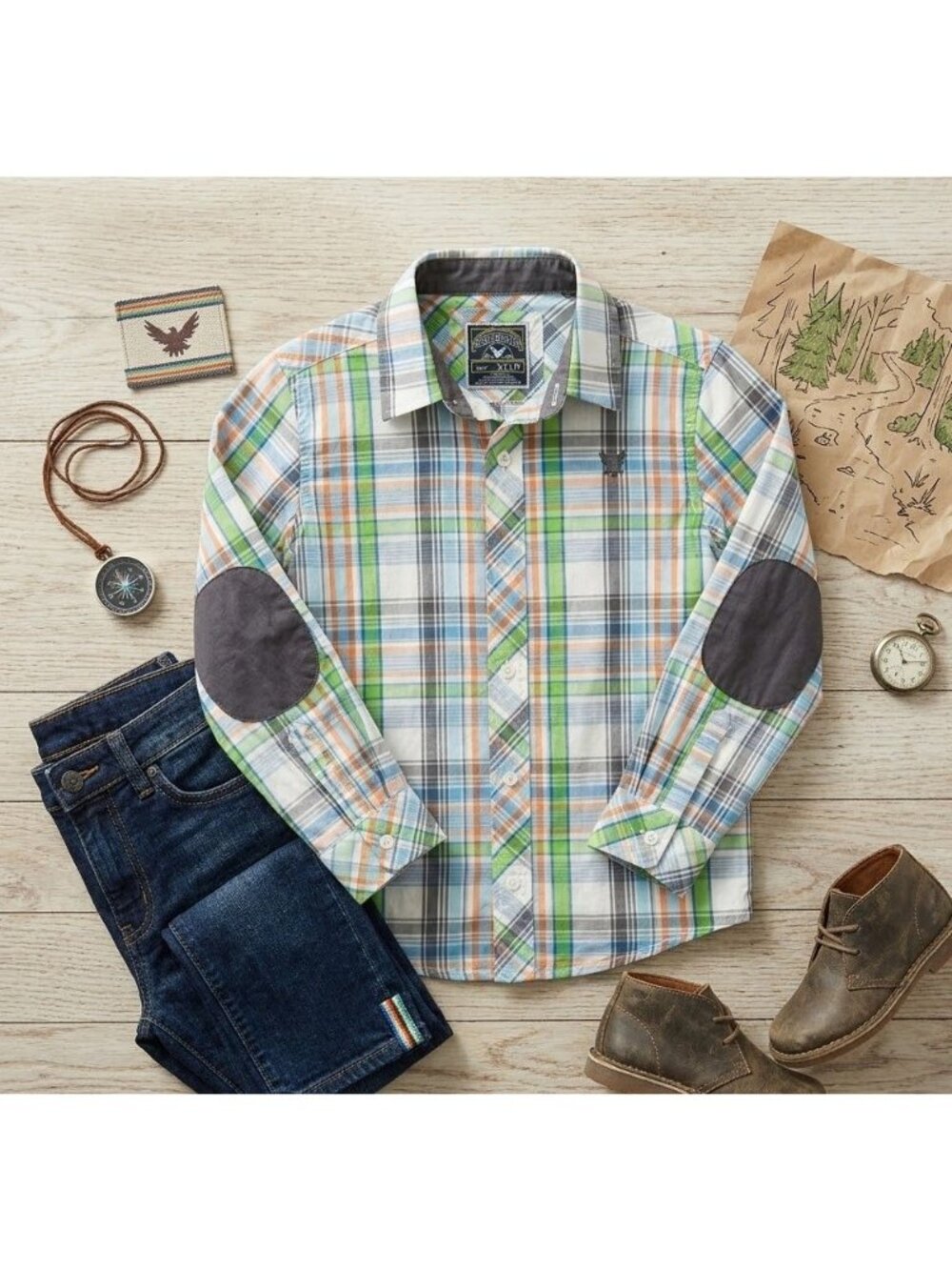 Company 81 Boys Plaid Long-Sleeve Shirt With Elbow Patches XL (7) Cotton Blend